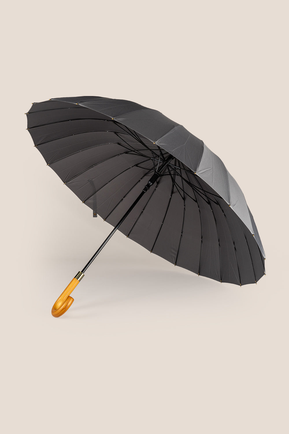 Joseph Grey men’s windproof umbrella with wooden J-handle, blending classic design with reliable durability for refined all-weather protection.