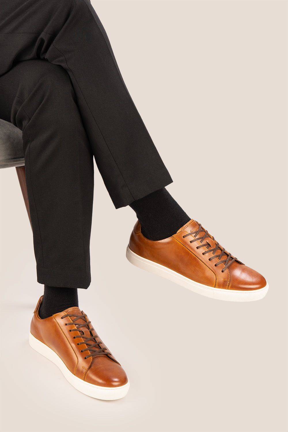 Harper tan leather men’s classic trainers featuring premium leather and sleek design, ideal for smart casual and everyday wear.