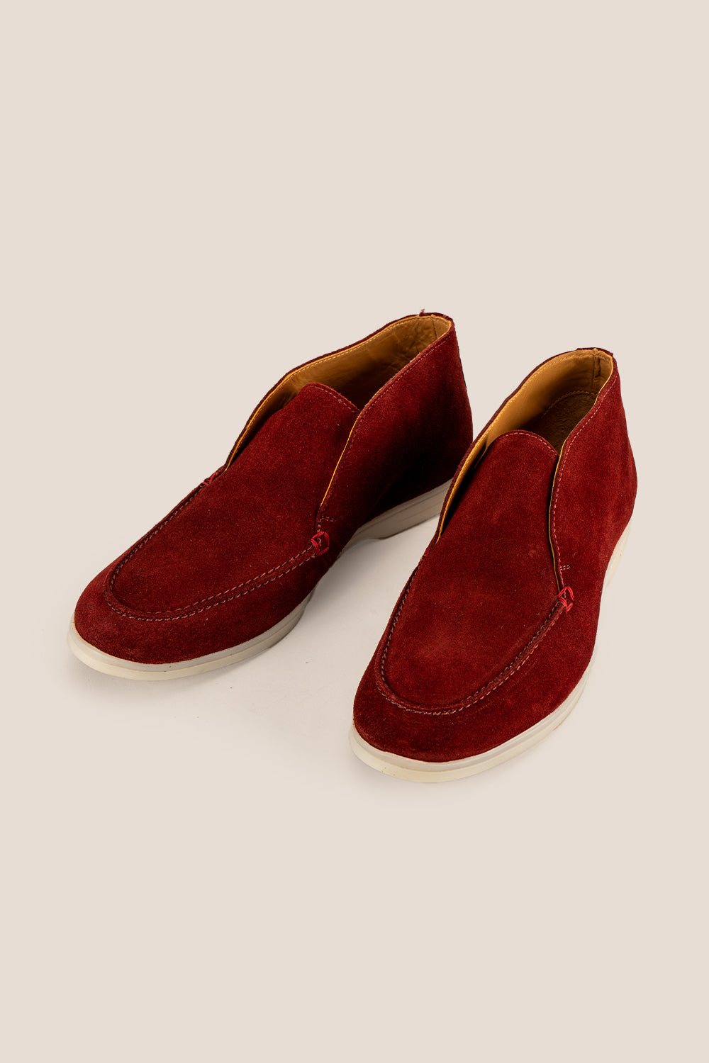 Damien red suede Chukka boots for men with lace-free design, elegant silhouette, and premium finish—ideal men’s dress boots or elevated casualwear.