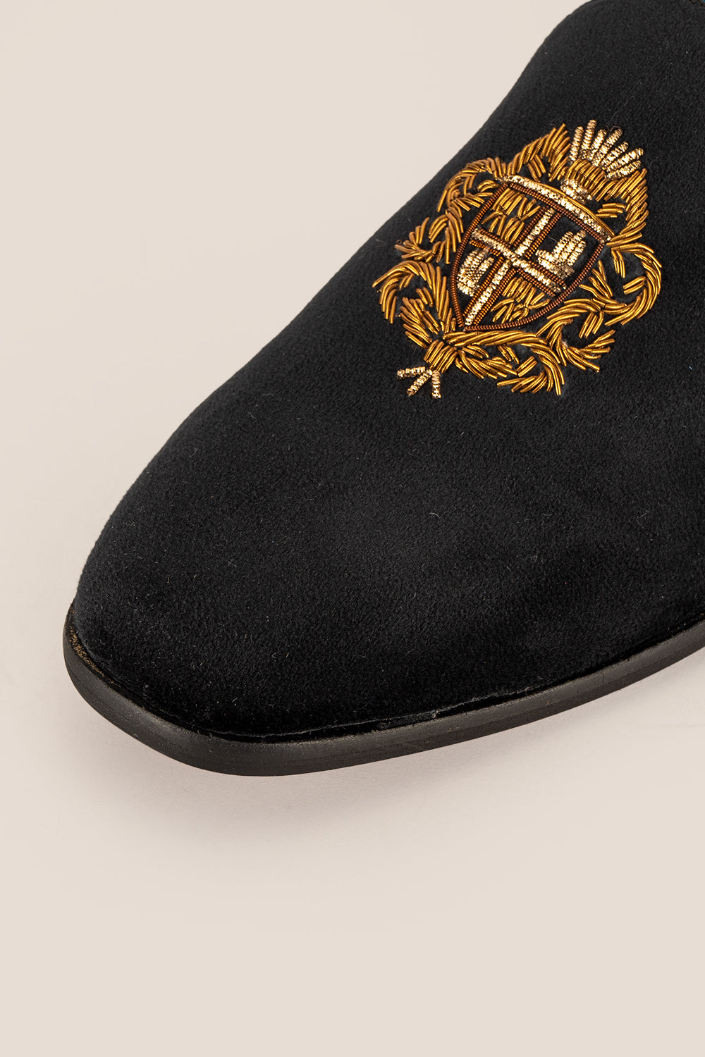 Luther black velvet embroidered loafers for men, featuring detailed embroidery and premium velvet for elegant evening or formal style.