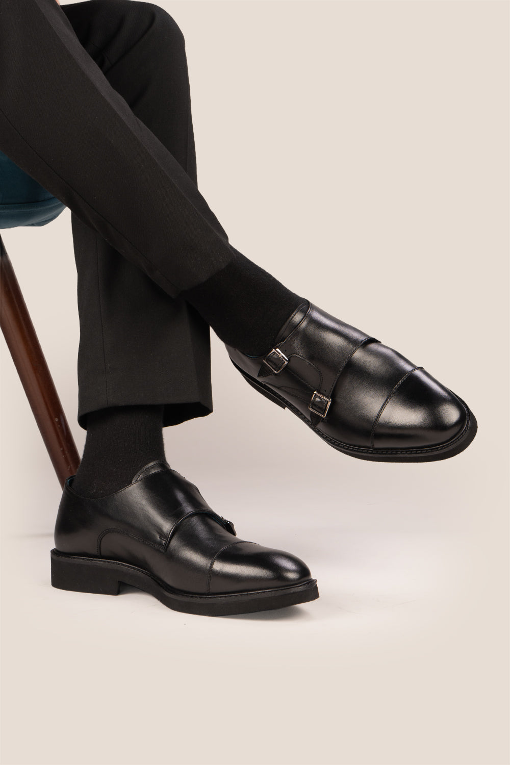 Garson Black double monk strap leather shoes for men by Oswin Hyde – elegant formal shoes with polished finish and cushioned leather insole