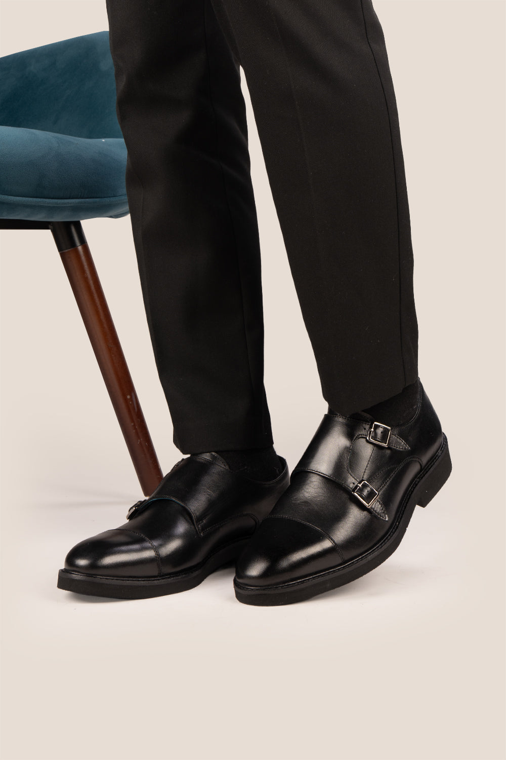 Garson Black double monk strap leather shoes for men by Oswin Hyde – elegant formal shoes with polished finish and cushioned leather insole