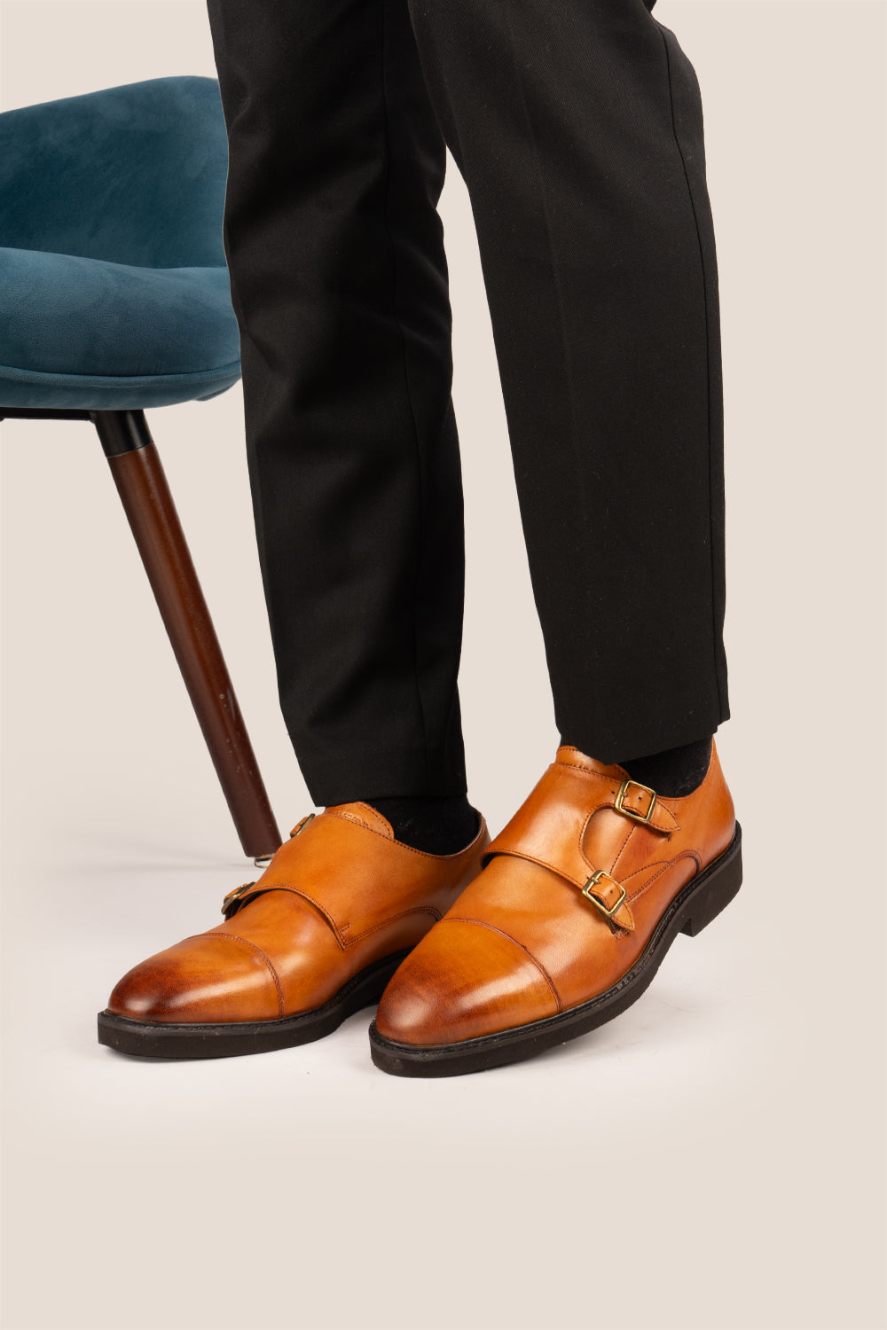 Oswin Hyde Garson Tan Monk Strap shoes crafted from premium leather. Perfect men’s tan shoes for formal occasions