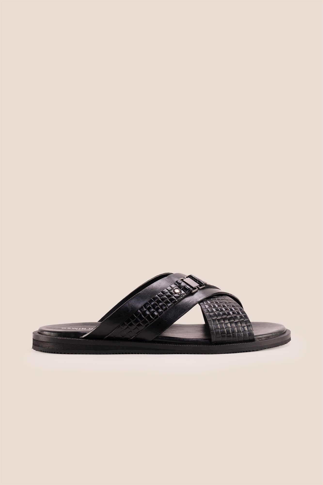 Aiden Black men’s leather sandals with a unique woven criss-cross strap design.