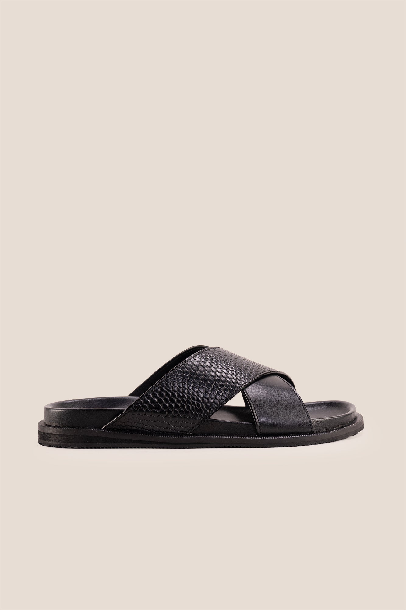 Nyle Black cross strap sandals for men by Oswin Hyde with sleek design and comfortable fit