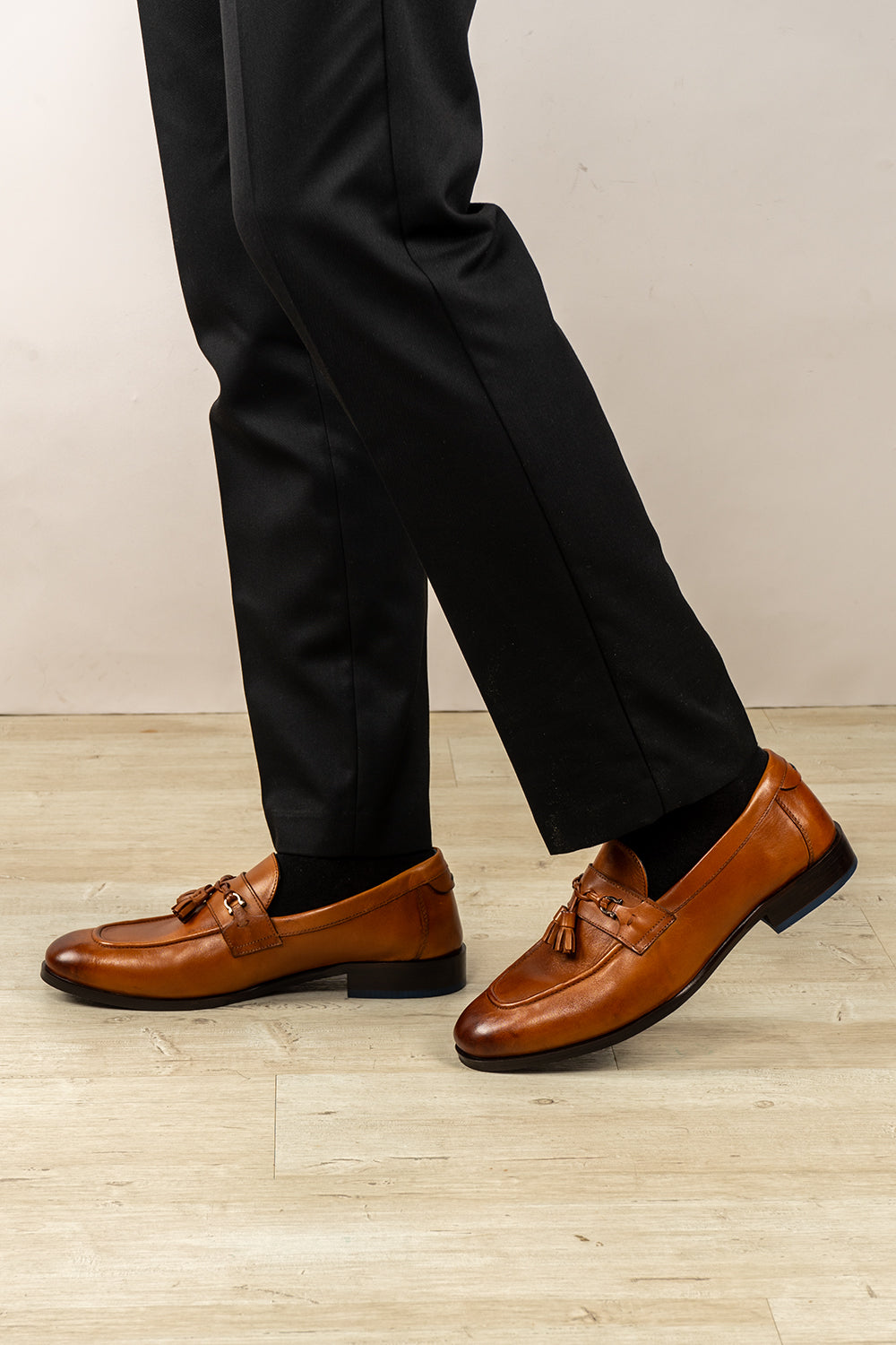 Emmet Tan men’s leather loafers featuring premium tan leather with tassel trim, ideal for formal and smart casual wear.