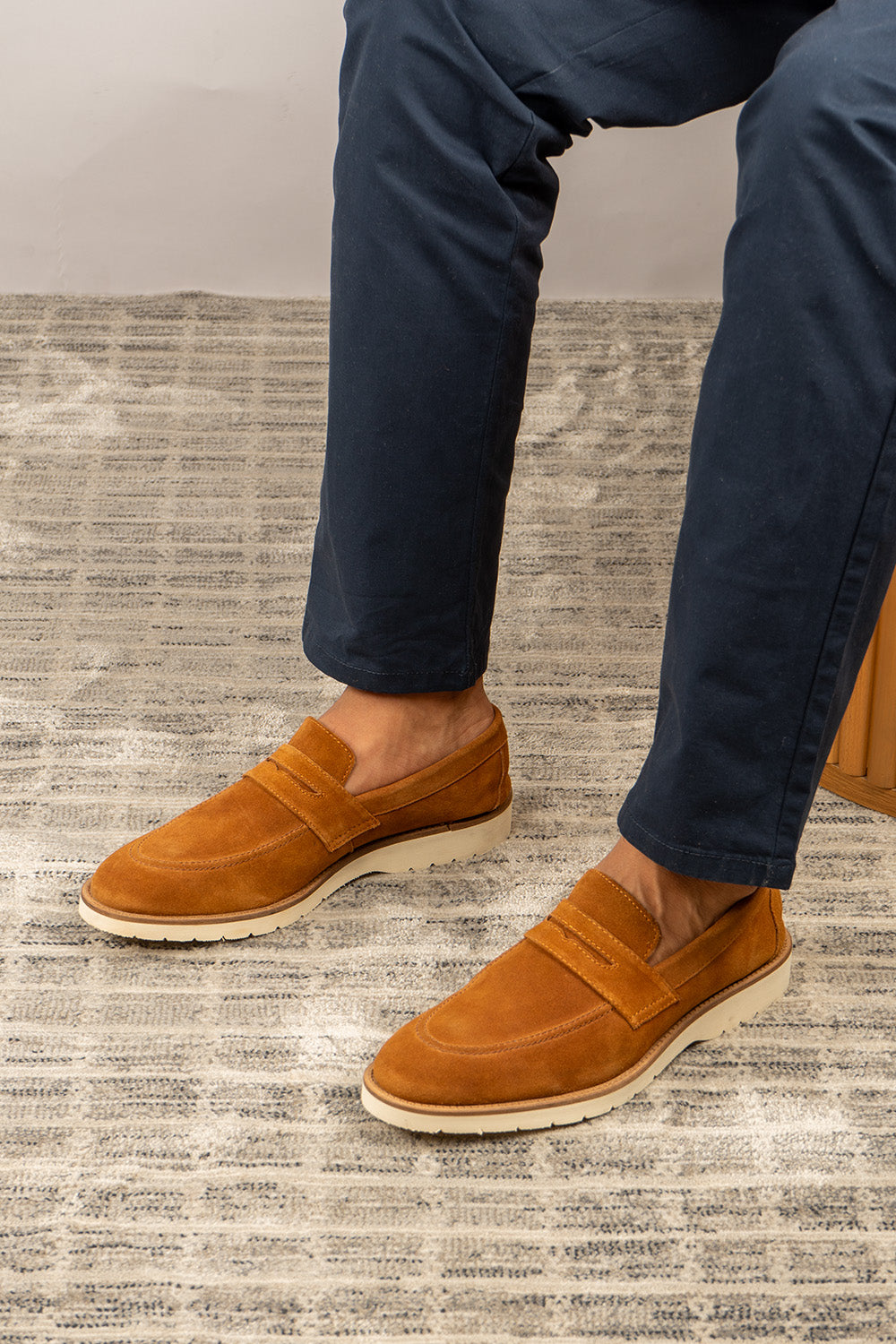 Mason walnut suede saddle loafers for men by Oswin Hyde – luxury slip-on shoes with cushioned insole and elegant suede for casual or formal wear.