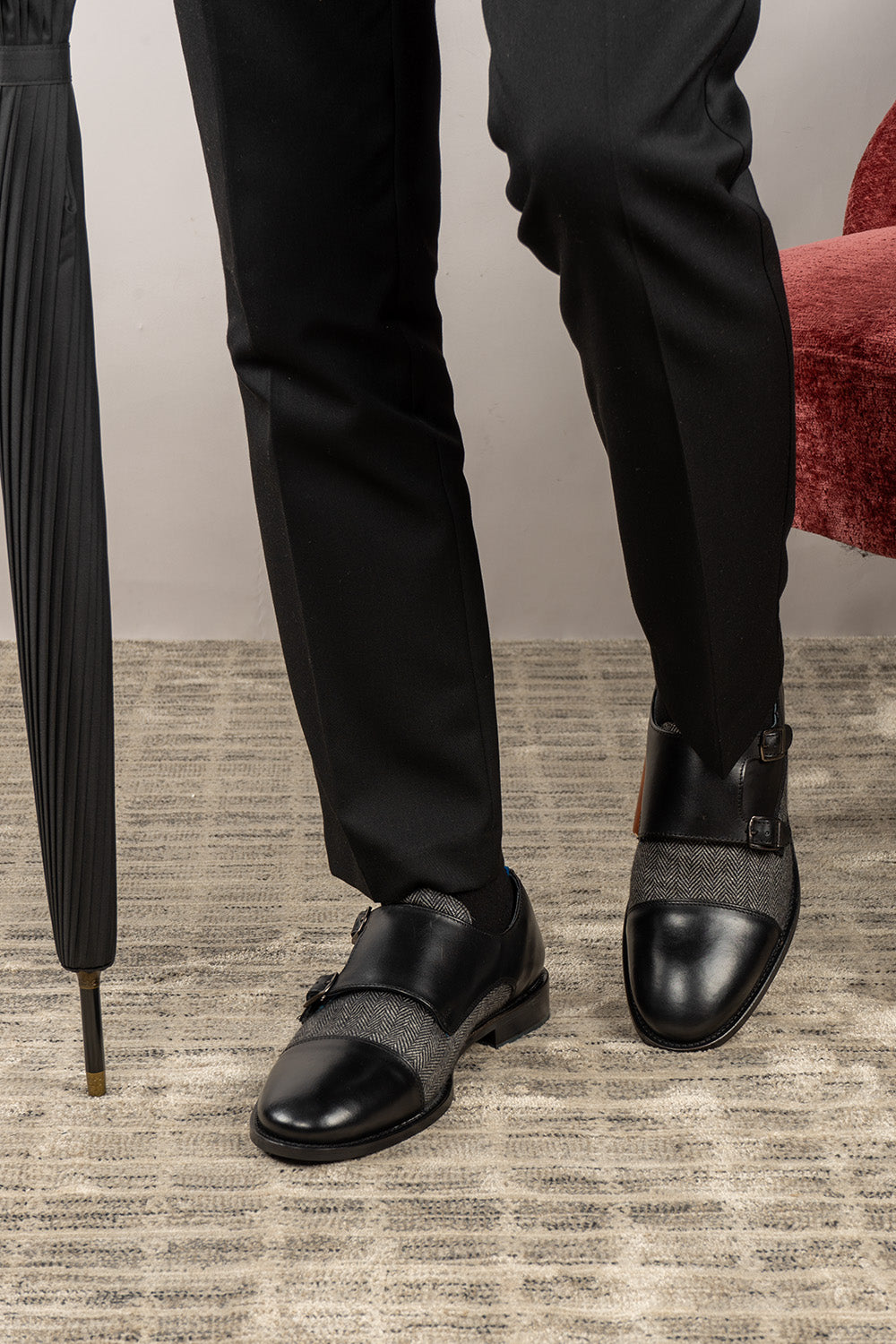 Oscar Black monk strap tweed men’s leather shoes featuring premium leather and tweed accents for a stylish formal look.