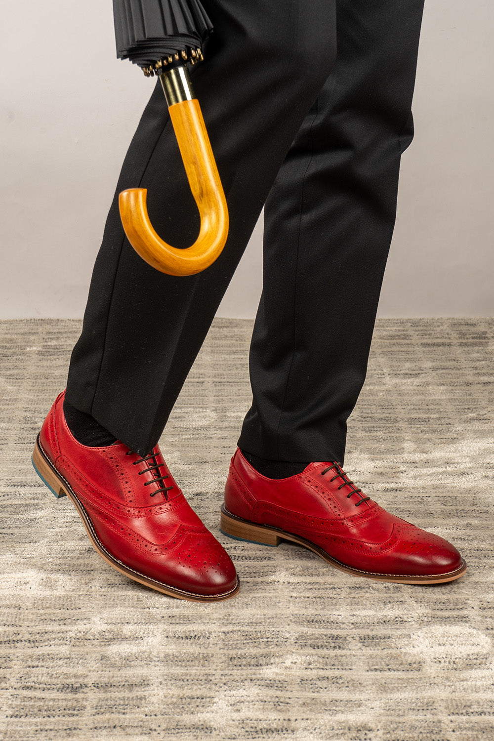 Winston cherry leather Oxford brogues for men featuring wingtip perforations and polished finish, ideal for formal and smart-casual occasions.