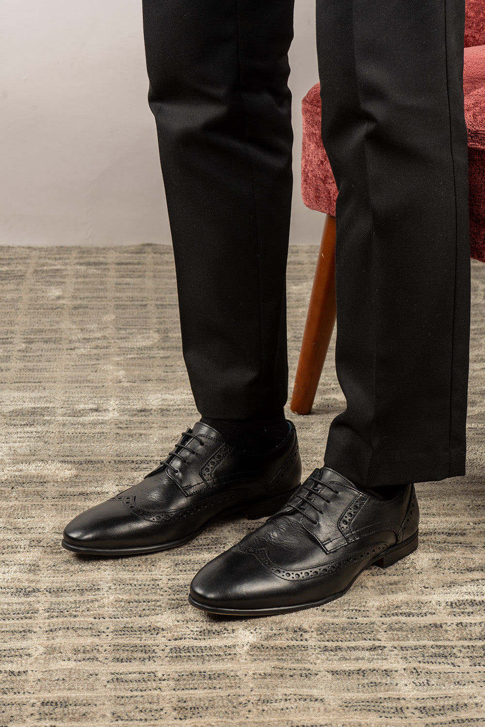 Miles black leather brogue derby shoes for men by Oswin Hyde – luxury wingtip lace-up formal shoes ideal for office, weddings, and elegant occasions.