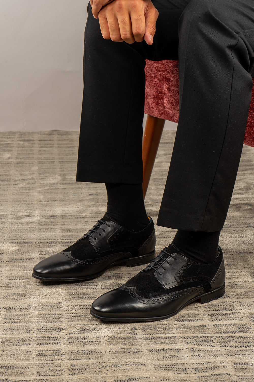 Miles black suede and leather brogue derby shoes for men by Oswin Hyde – refined lace-up shoes with wingtip detailing for office, weddings, and formal wear.