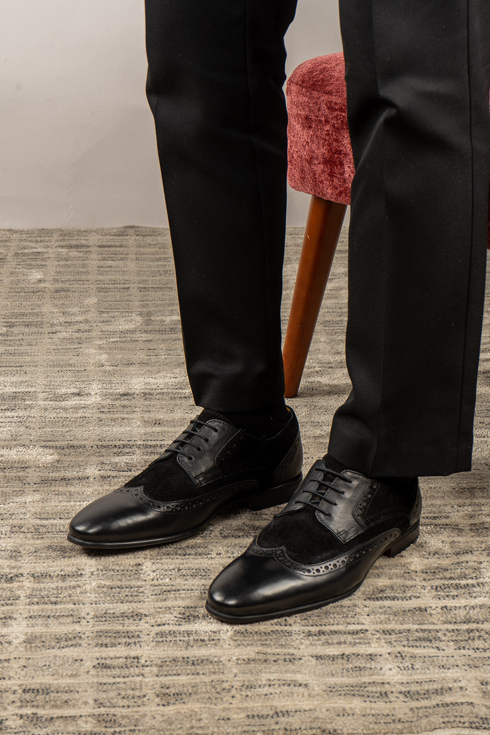 Miles black suede and leather brogue derby shoes for men by Oswin Hyde – refined lace-up shoes with wingtip detailing for office, weddings, and formal wear.