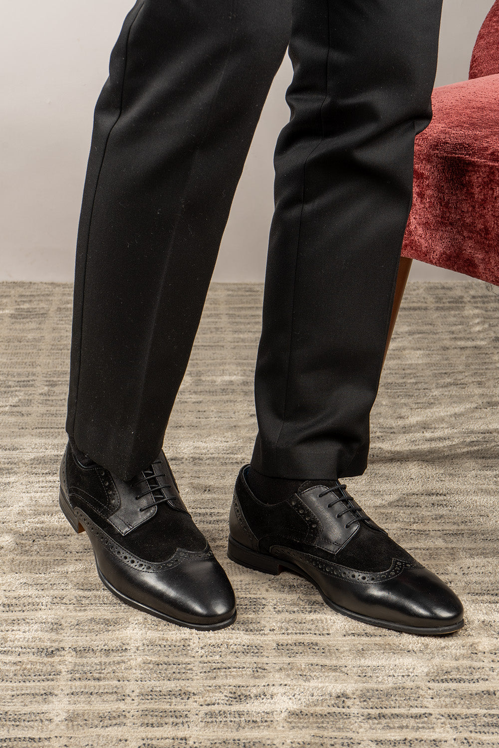 Miles black suede and leather brogue derby shoes for men by Oswin Hyde – refined lace-up shoes with wingtip detailing for office, weddings, and formal wear.