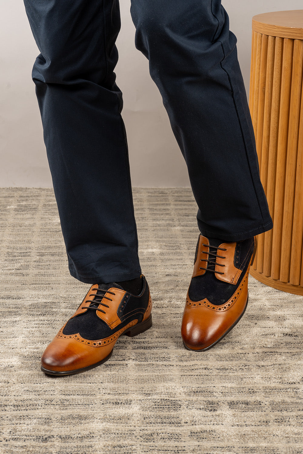 Miles tan leather and navy suede brogue derby shoes for men by Oswin Hyde – luxury wingtip formal shoes perfect for weddings, office, and refined occasions.