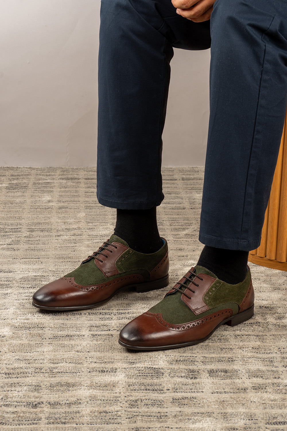 Miles brown leather and green suede brogue derby shoes for men by Oswin Hyde – refined lace-up shoes with wingtip detail for weddings and formal wear.