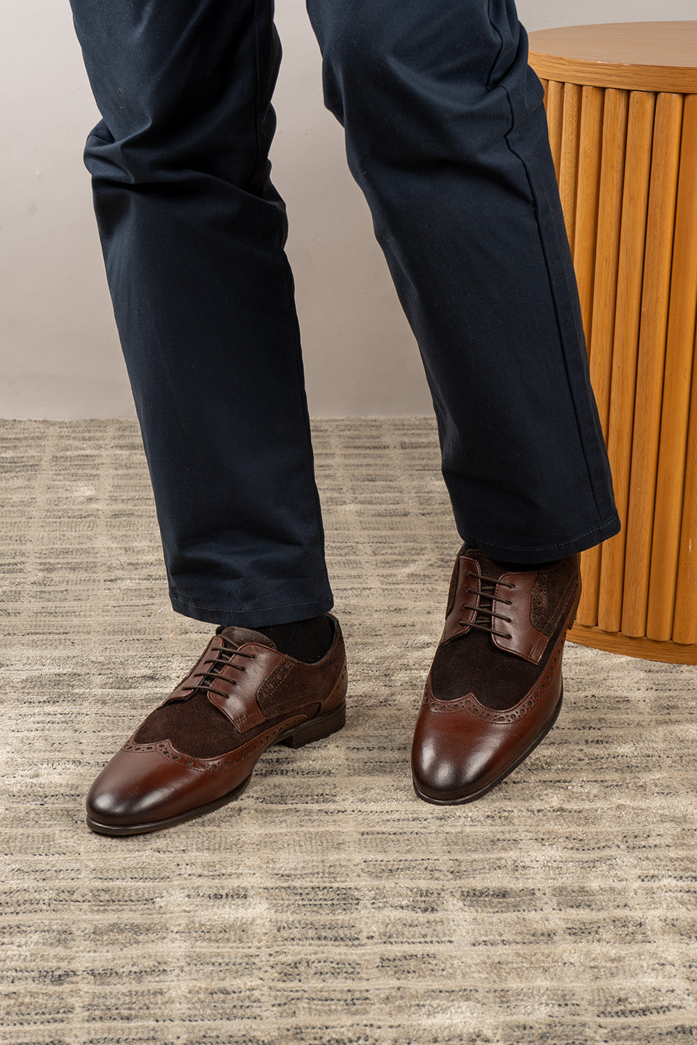 Miles brown brogue men’s suede leather shoes with classic detailing, ideal for smart-casual and formal occasions.