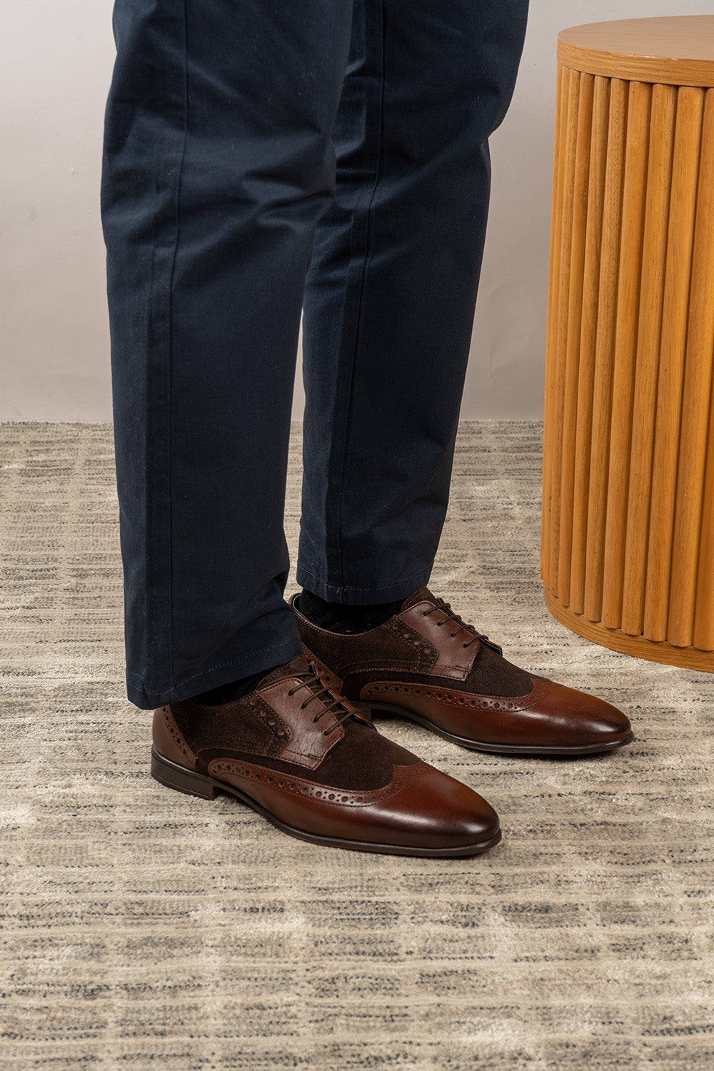 Miles brown brogue men’s suede leather shoes with classic detailing, ideal for smart-casual and formal occasions.