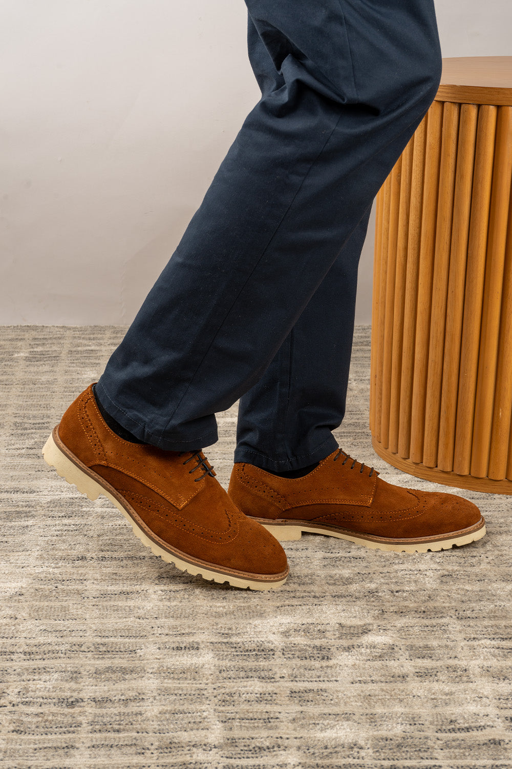 Eli Brown suede wide fit brogue shoes for men in brown suede, designed for comfort and style with a classic brogue pattern.