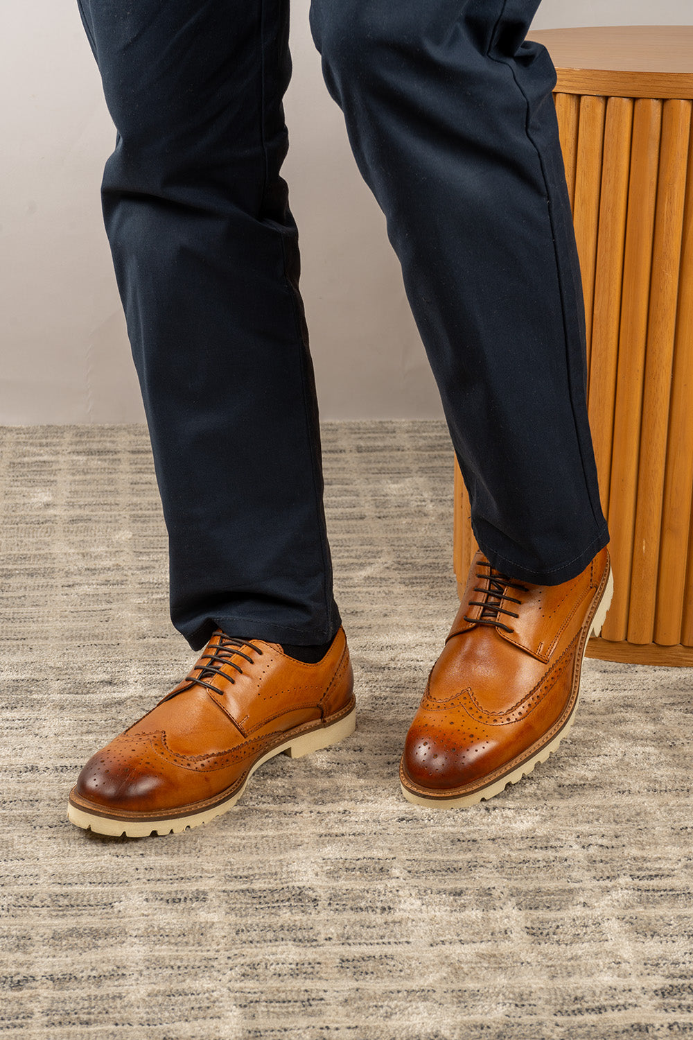 Men’s Eli tan wide fit brogue leather shoes with classic brogue perforations and a comfortable wider fit for enhanced support and style.