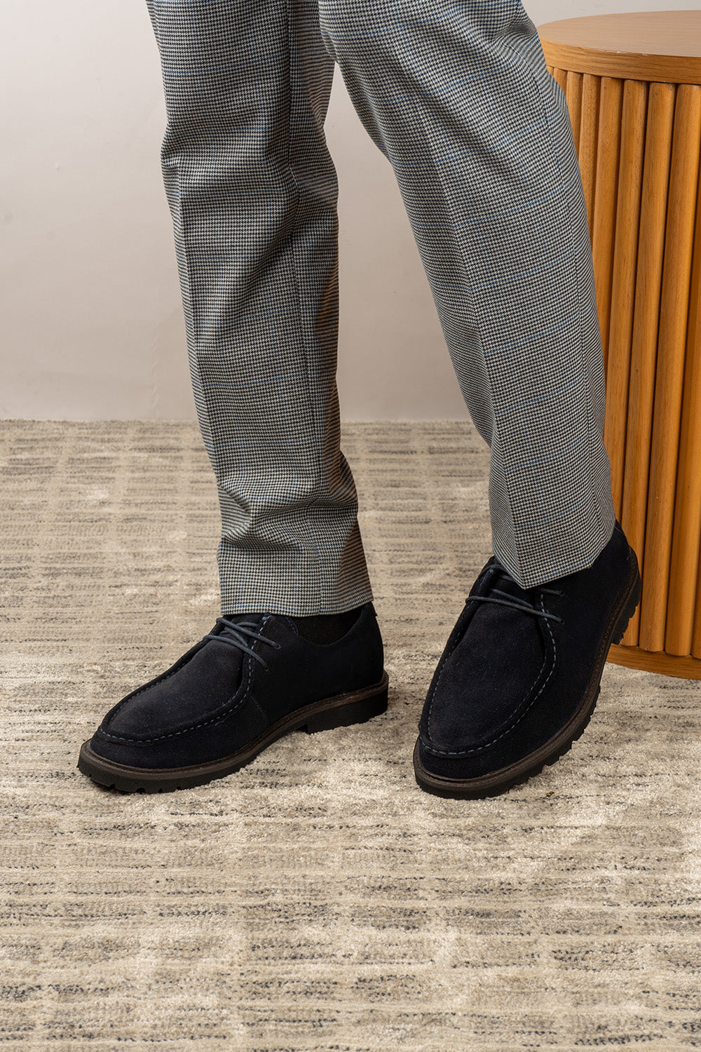 Joshua navy suede Wallabee shoes for men by Oswin Hyde – luxurious casual moccasin-style footwear with soft suede and cushioned insole for all-day comfort.
