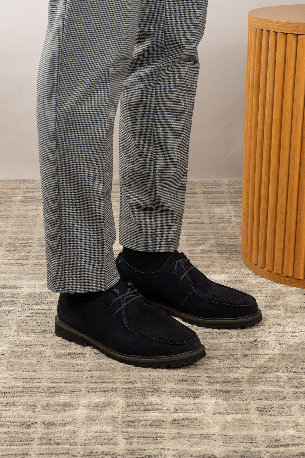 Joshua navy suede Wallabee shoes for men by Oswin Hyde – luxurious casual moccasin-style footwear with soft suede and cushioned insole for all-day comfort.