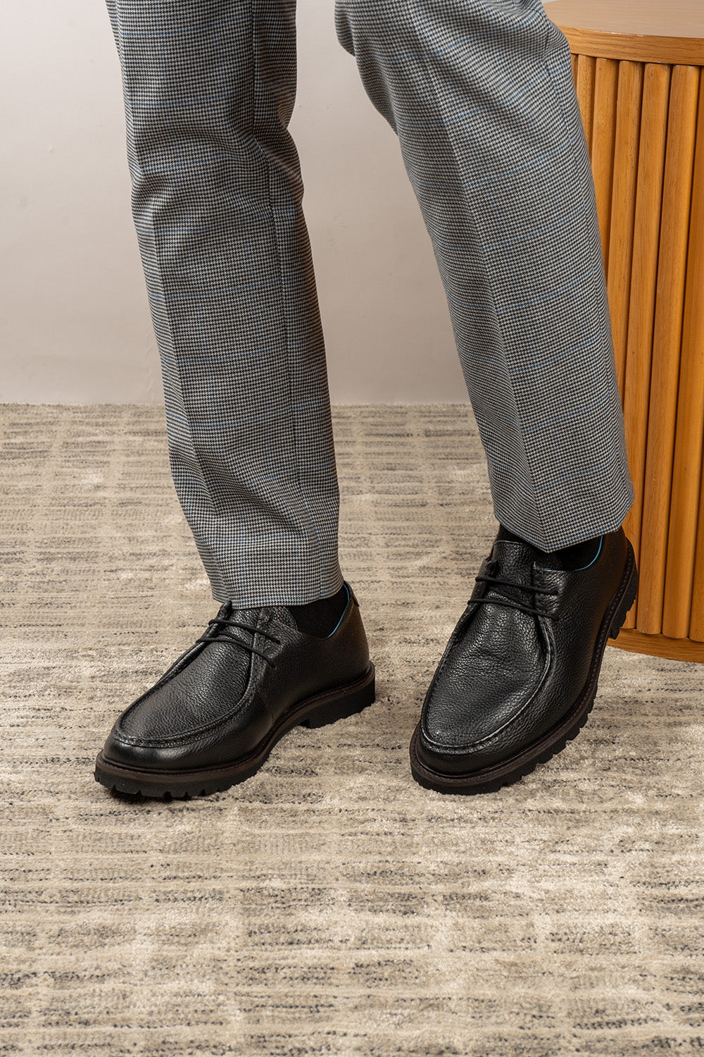 Joshua black leather Wallabee shoes for men by Oswin Hyde – casual luxury footwear with moccasin-style stitching and premium comfort.