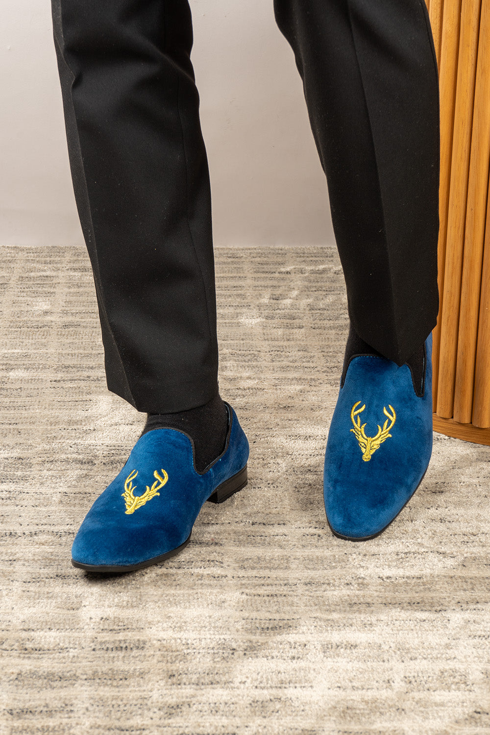 Stag Navy velvet smoking slippers for men, featuring plush velvet material and classic loafer style for elegant formal wear.