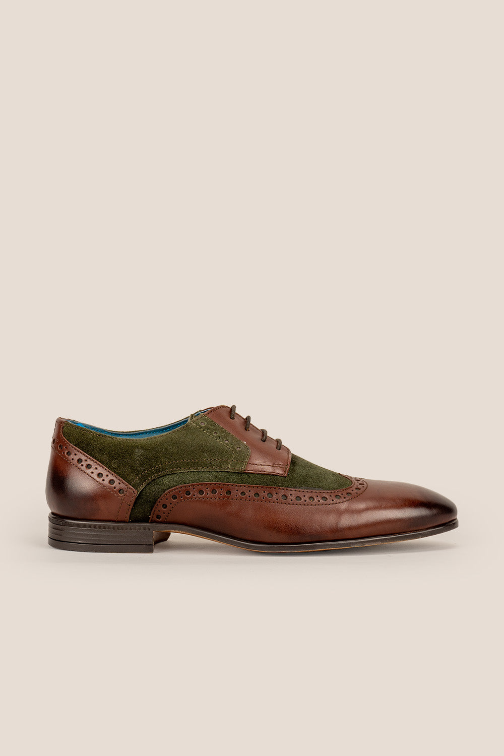 Miles brown leather and green suede brogue derby shoes for men by Oswin Hyde – refined lace-up shoes with wingtip detail for weddings and formal wear.