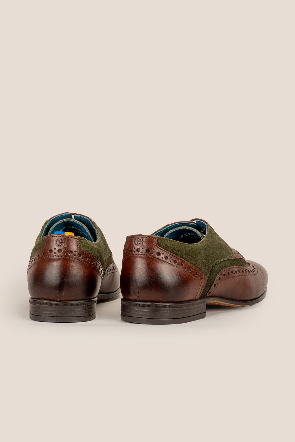 Miles brown leather and green suede brogue derby shoes for men by Oswin Hyde – refined lace-up shoes with wingtip detail for weddings and formal wear.
