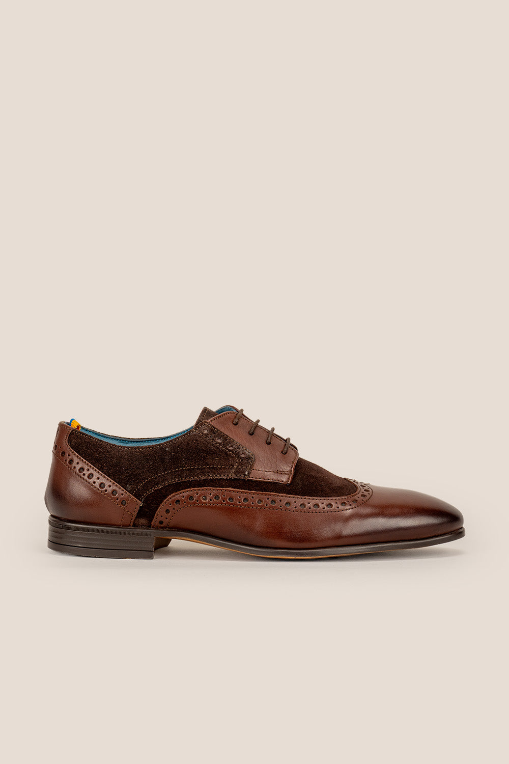 Miles brown brogue men’s suede leather shoes with classic detailing, ideal for smart-casual and formal occasions.
