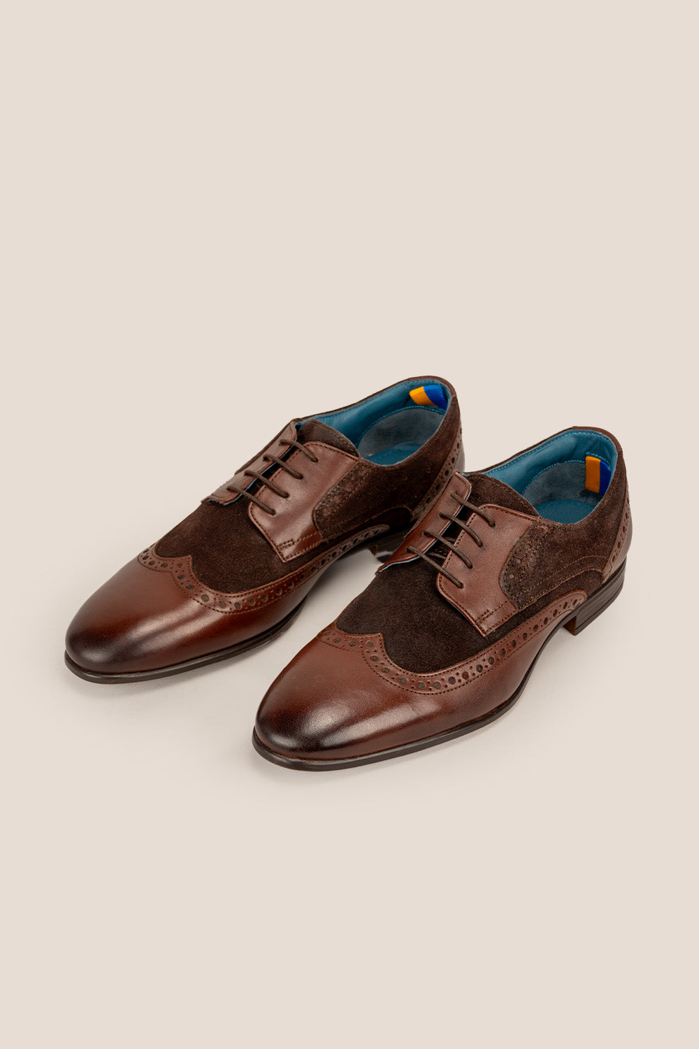 Miles brown brogue men’s suede leather shoes with classic detailing, ideal for smart-casual and formal occasions.