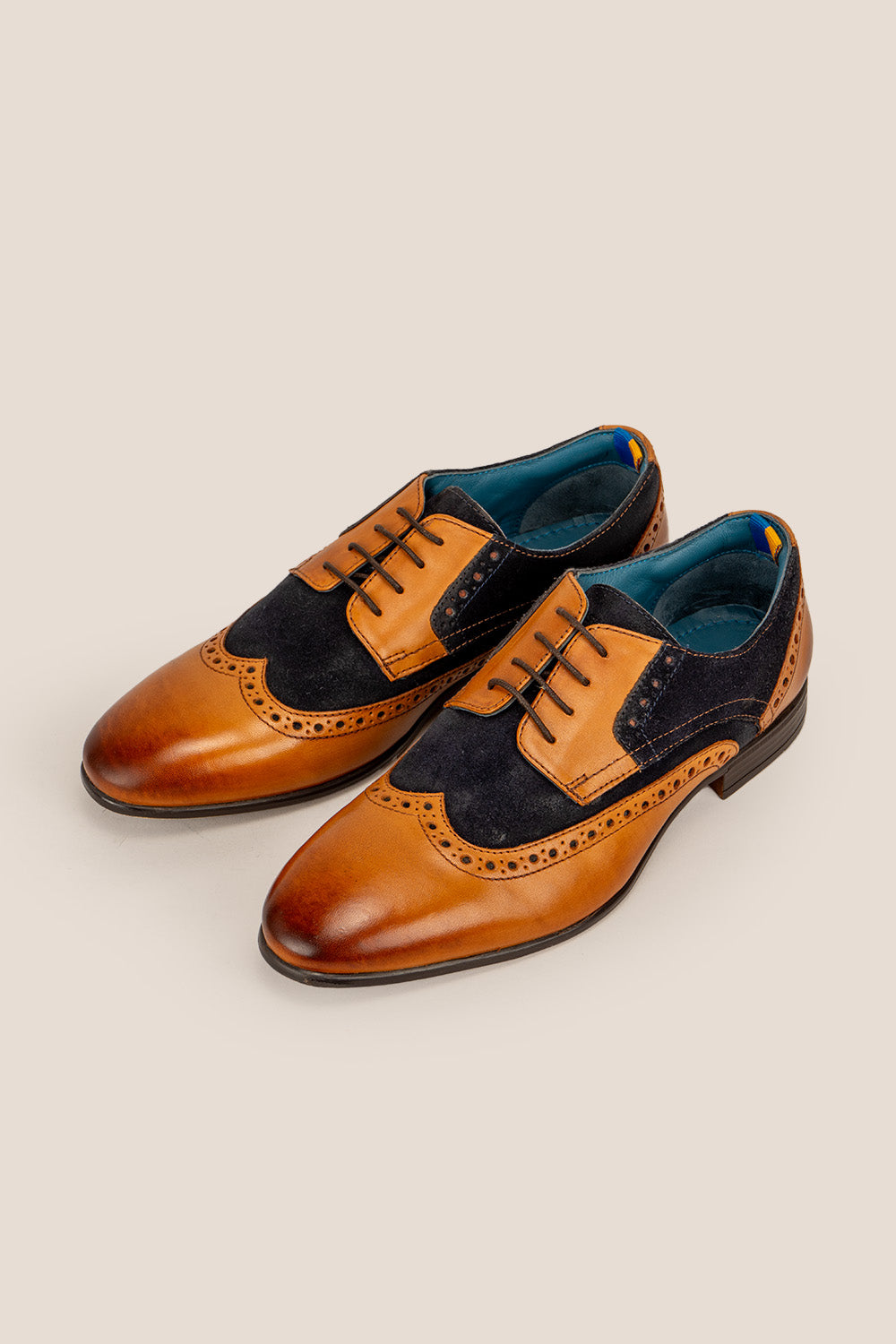Miles tan leather and navy suede brogue derby shoes for men by Oswin Hyde – luxury wingtip formal shoes perfect for weddings, office, and refined occasions.