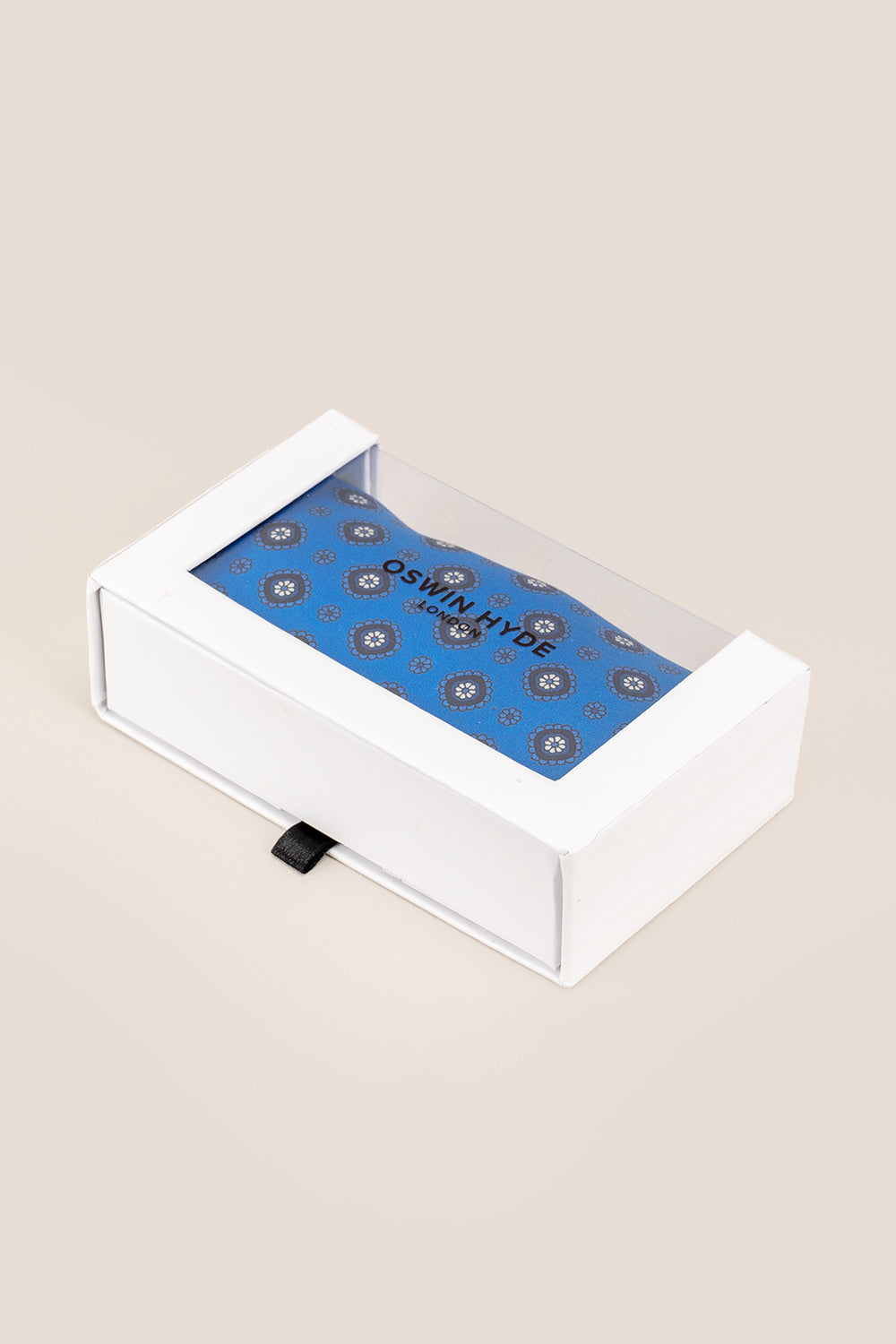 Men’s navy silk handkerchief with an intricate geometric pattern, crafted for wedding, formal, or elegant smart attire.