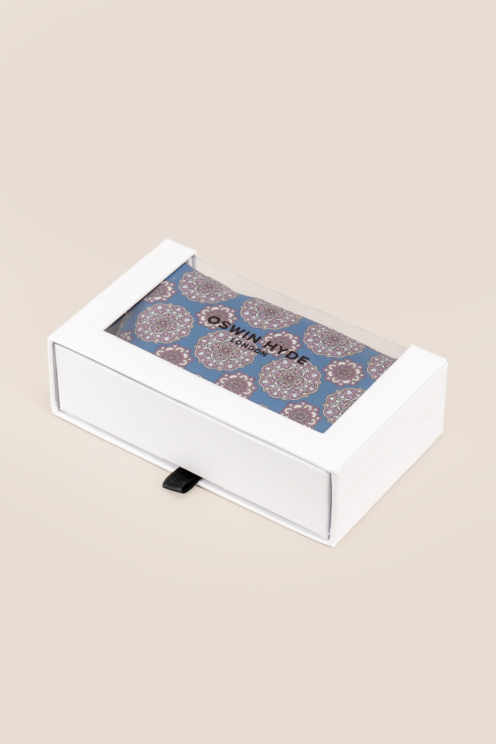 Men’s blue silk handkerchief with an intricate geometric pattern, perfect for weddings, formal occasions, or sophisticated smart dressing.