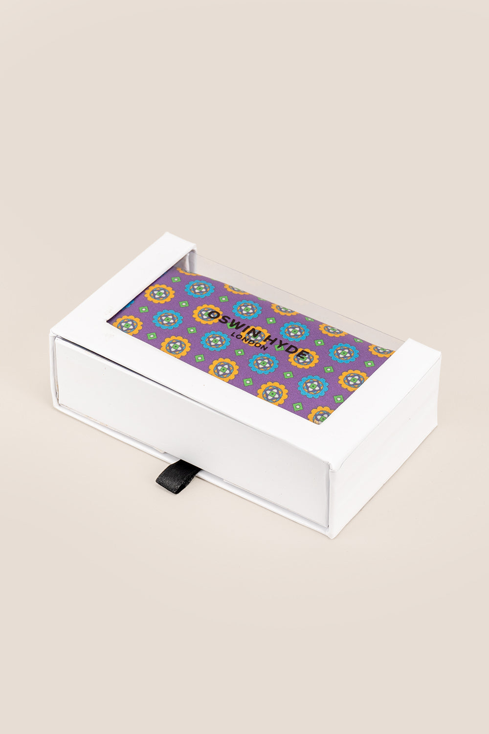 Men’s purple silk handkerchief with an intricate geometric pattern, ideal for weddings, smart occasions, or elevated everyday styling.