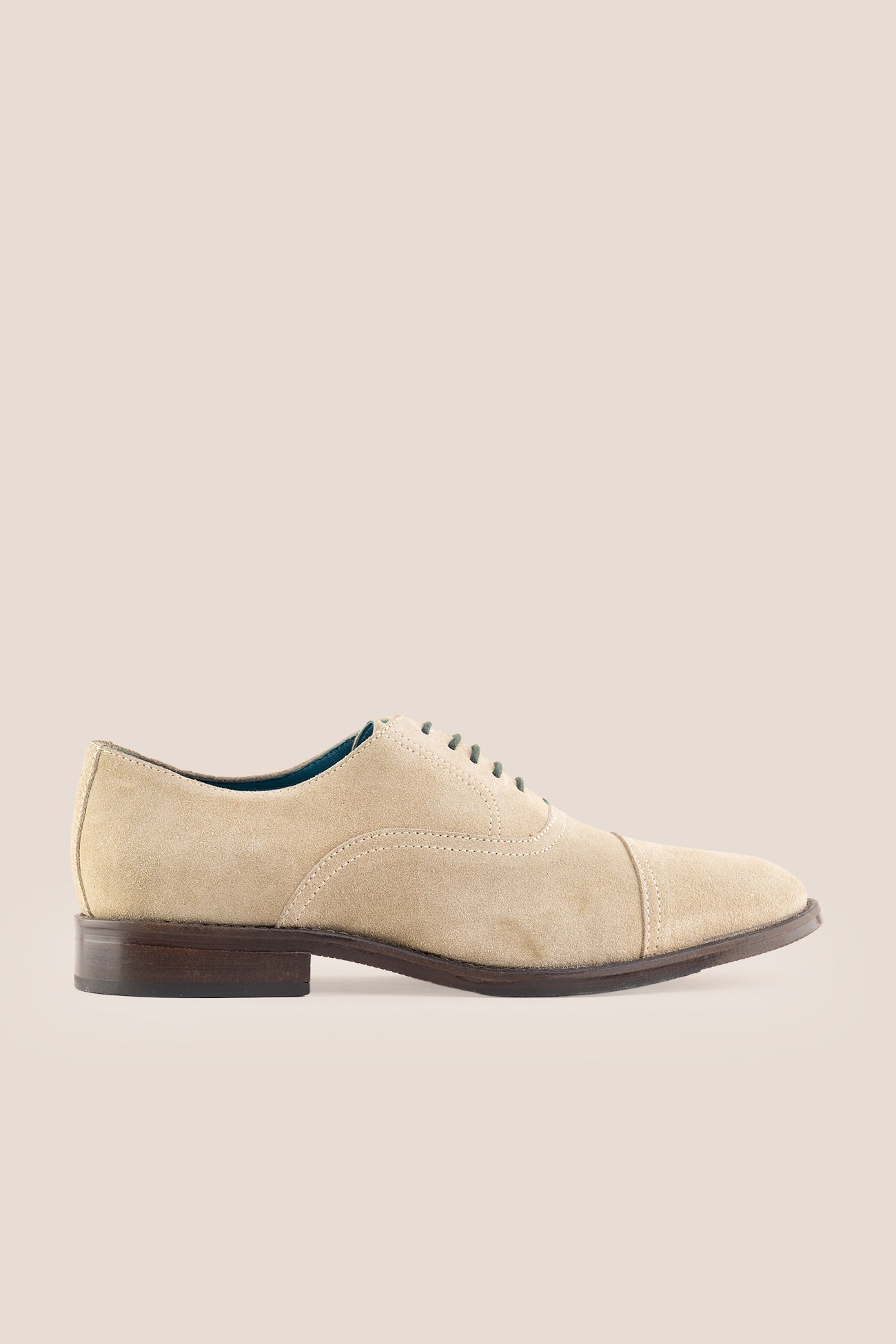 Model wearing Elise Sand Suede Oxford Shoe | Oswin Hyde