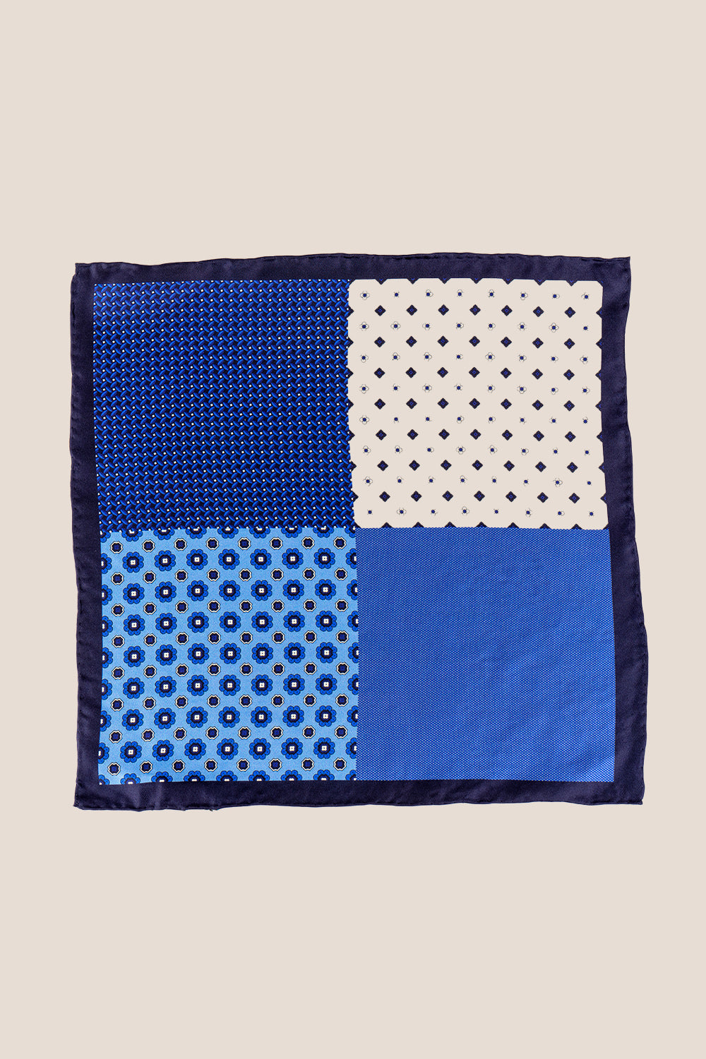 Blue silk pocket square handkerchief with four versatile folds, perfect for weddings, business attire, or refined casual wear.