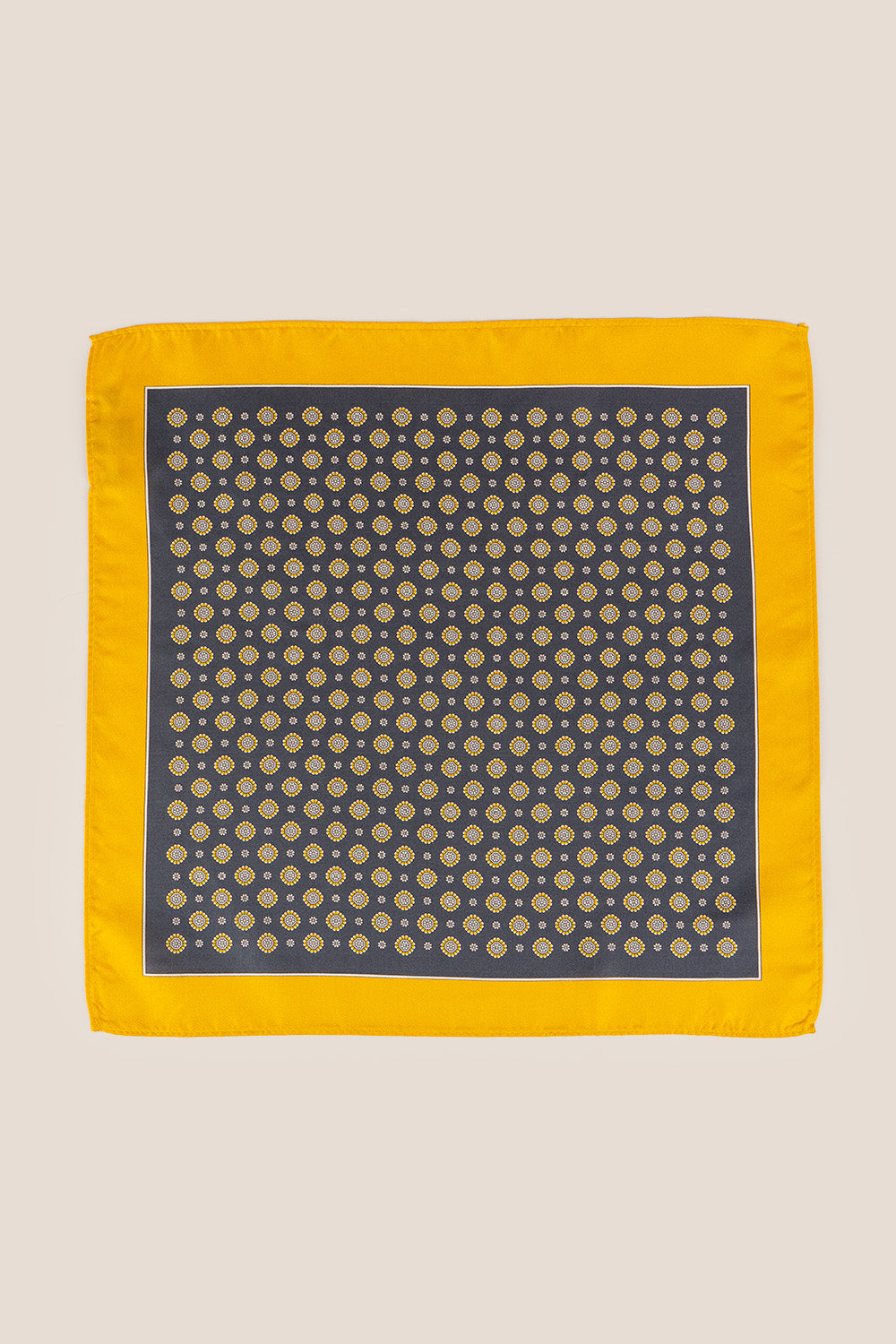 Men’s grey and yellow silk handkerchief with a geometric pattern, crafted for weddings, formal occasions, or elegant everyday wear.