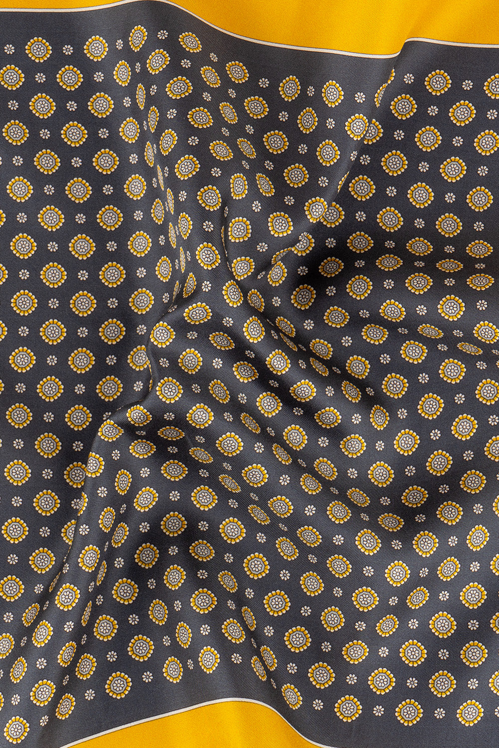 Men’s grey and yellow silk handkerchief with a geometric pattern, crafted for weddings, formal occasions, or elegant everyday wear.