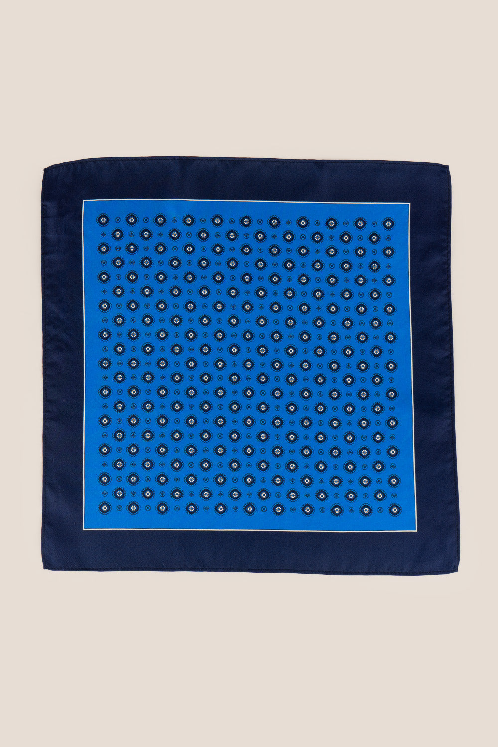 Men’s navy silk handkerchief with an intricate geometric pattern, crafted for wedding, formal, or elegant smart attire.