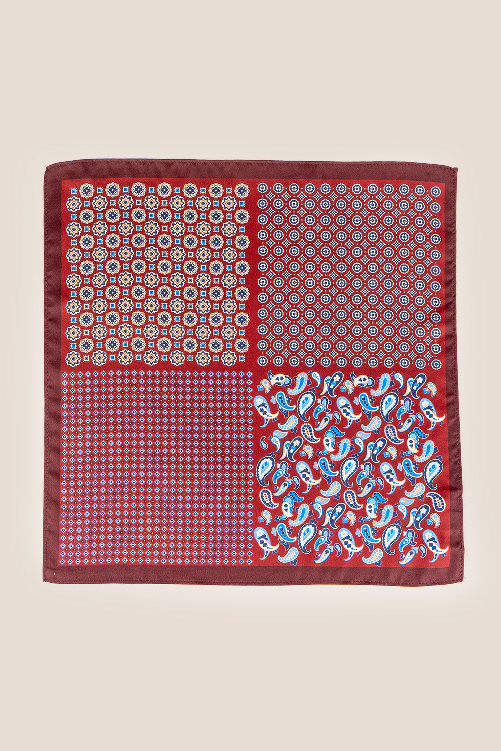 Red 4 Way silk pocket square for men, featuring rich silk fabric and detailed finish, perfect for weddings, formal events, and stylish accessories.
