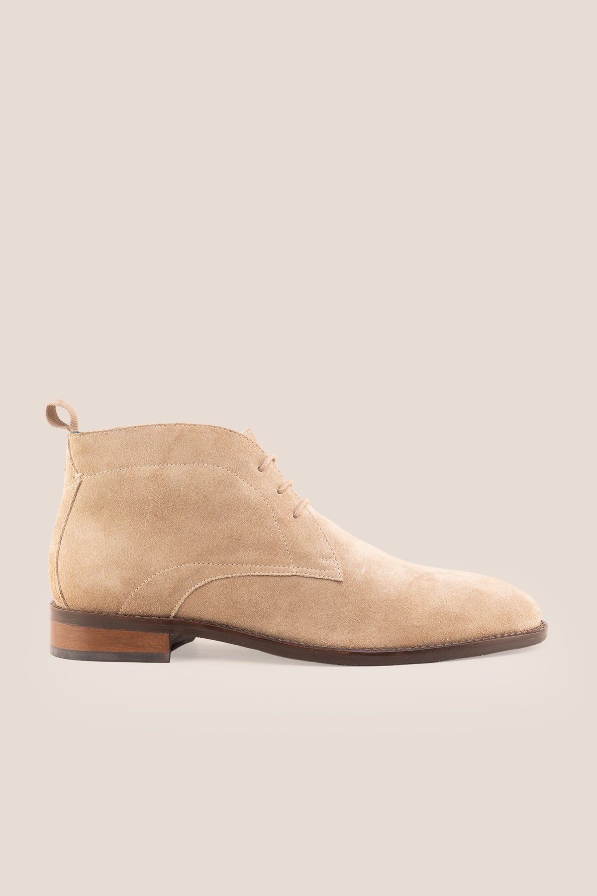Men's Franklin Taupe Suede lace-up ankle boots by Oswin Hyde featuring a soft taupe finish and sturdy heel.