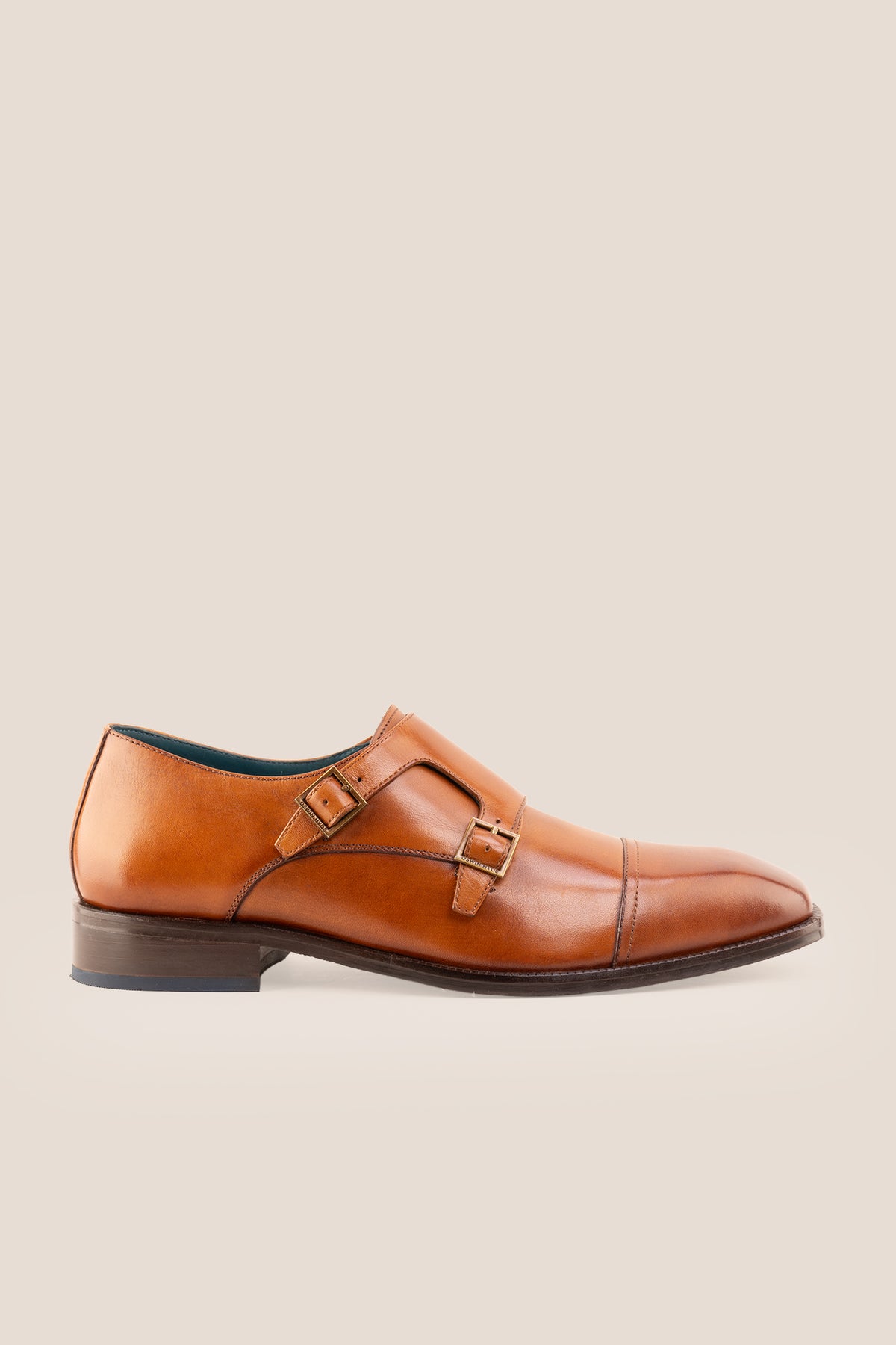 Men's Rolf Tan leather double monk strap dress shoes by Oswin Hyde featuring burnished tan leather and dual buckle straps.
