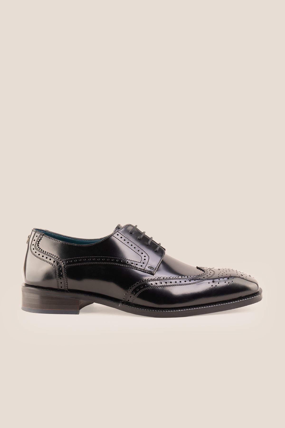 Men's Gabriel Black leather wingtip Derby dress shoes by Oswin Hyde featuring high-shine black leather and lace-up closure.