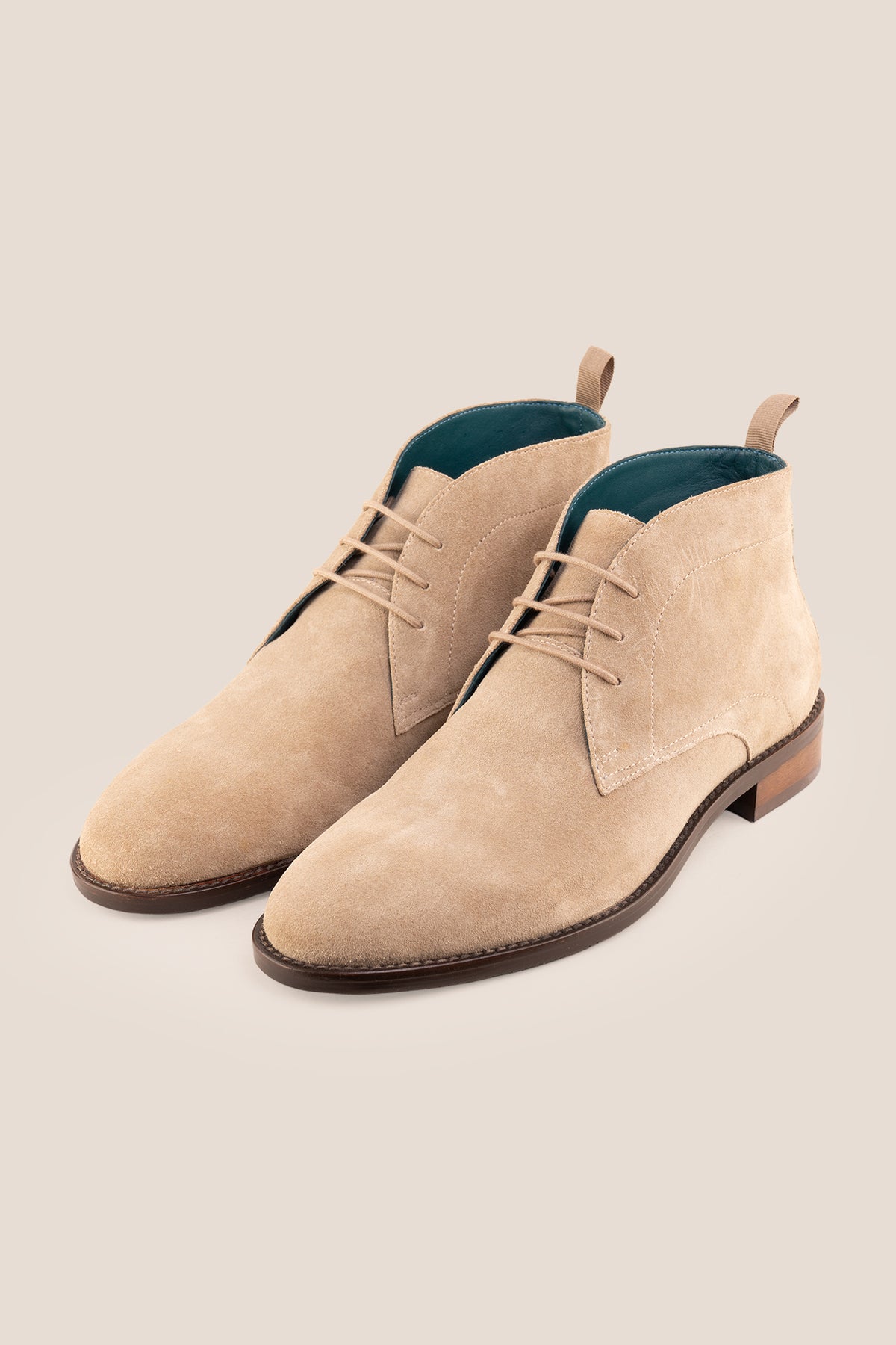 Men's Franklin Taupe Suede lace-up ankle boots by Oswin Hyde featuring a soft taupe finish and sturdy heel.