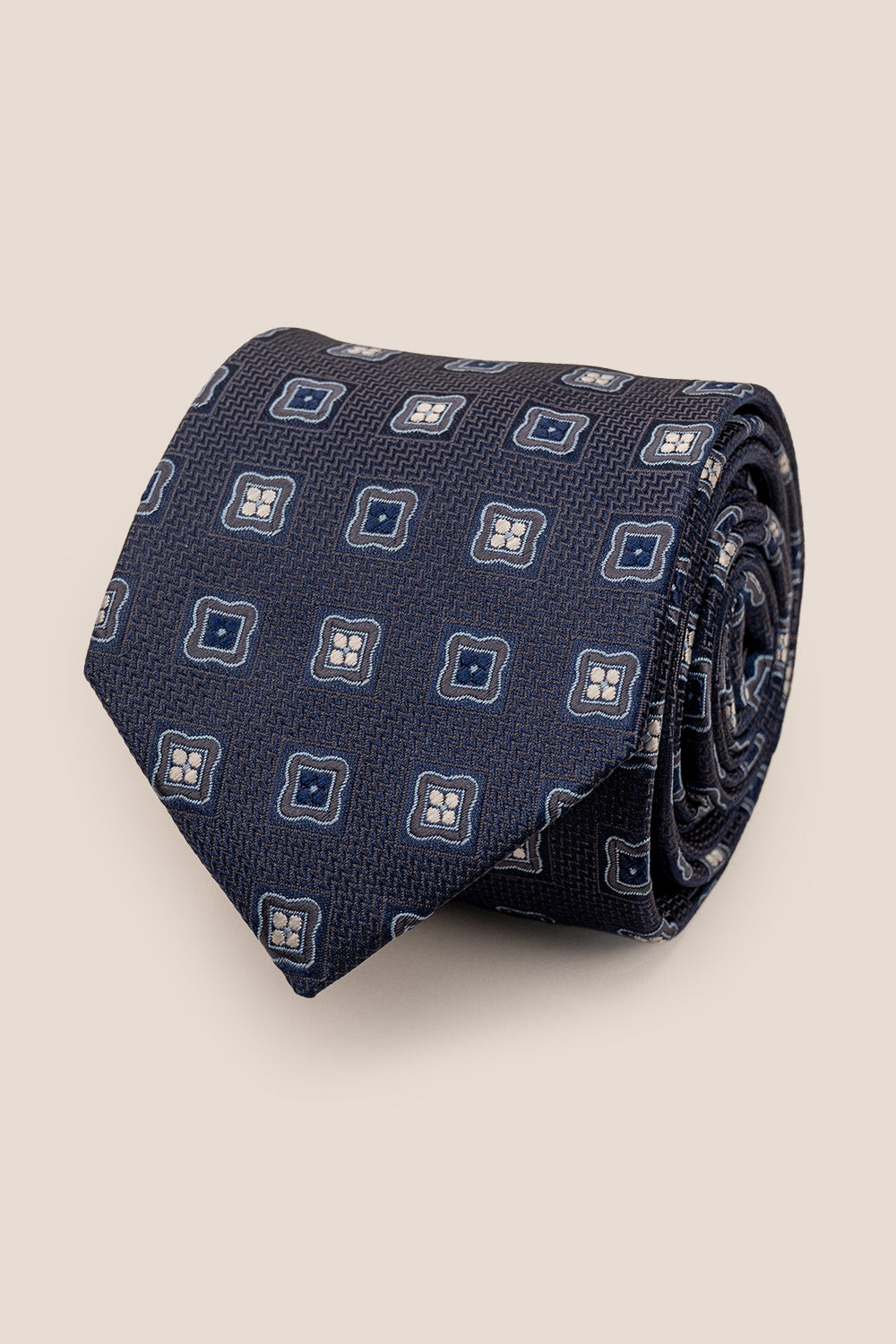 Theo Navy tie with geometric pattern, perfect for weddings and formal gatherings.