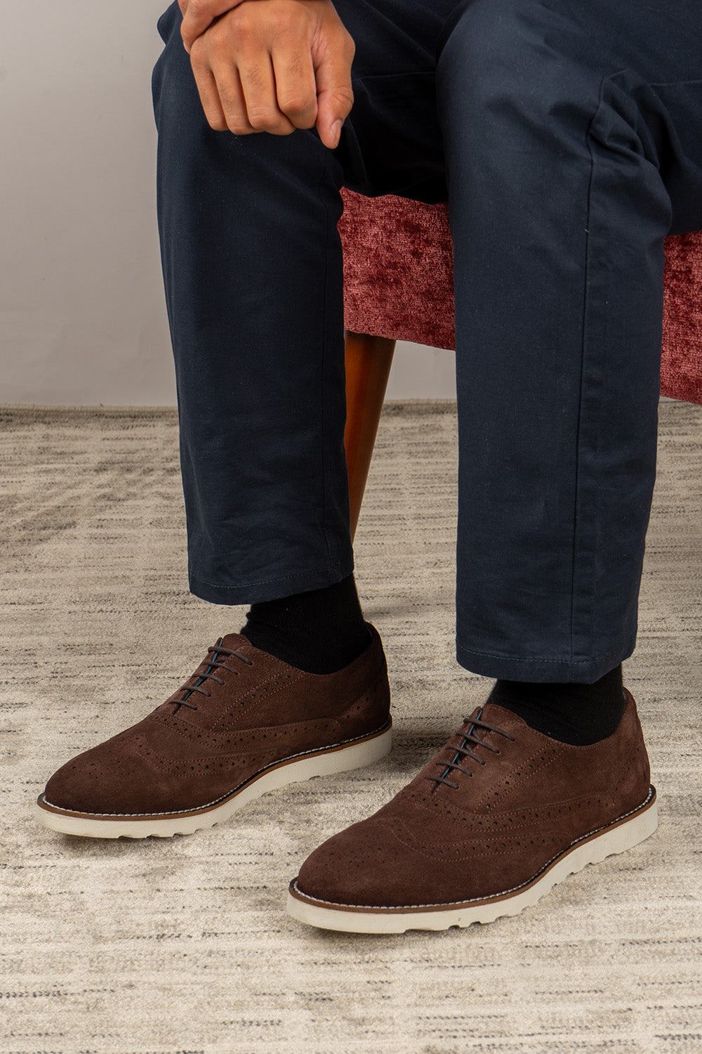Men’s Tyler brown suede Oxford brogue trainers featuring detailed perforations, lace-up design, and sporty sole—smart and versatile for daily wear.