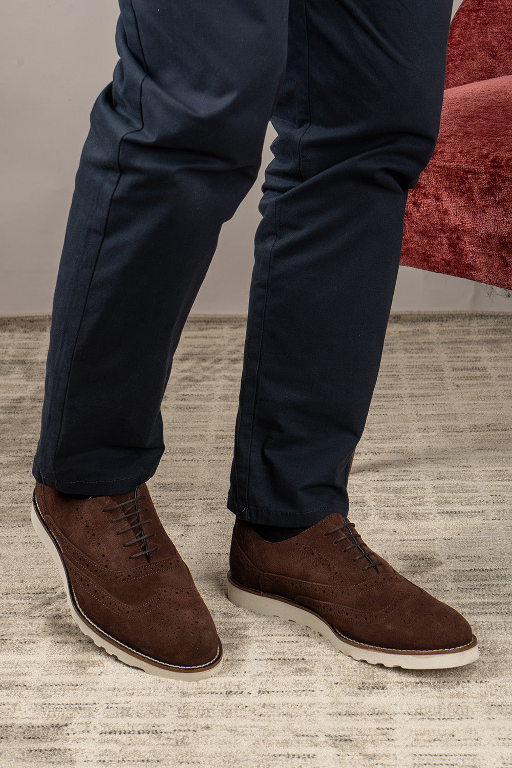 Men’s Tyler brown suede Oxford brogue trainers featuring detailed perforations, lace-up design, and sporty sole—smart and versatile for daily wear.