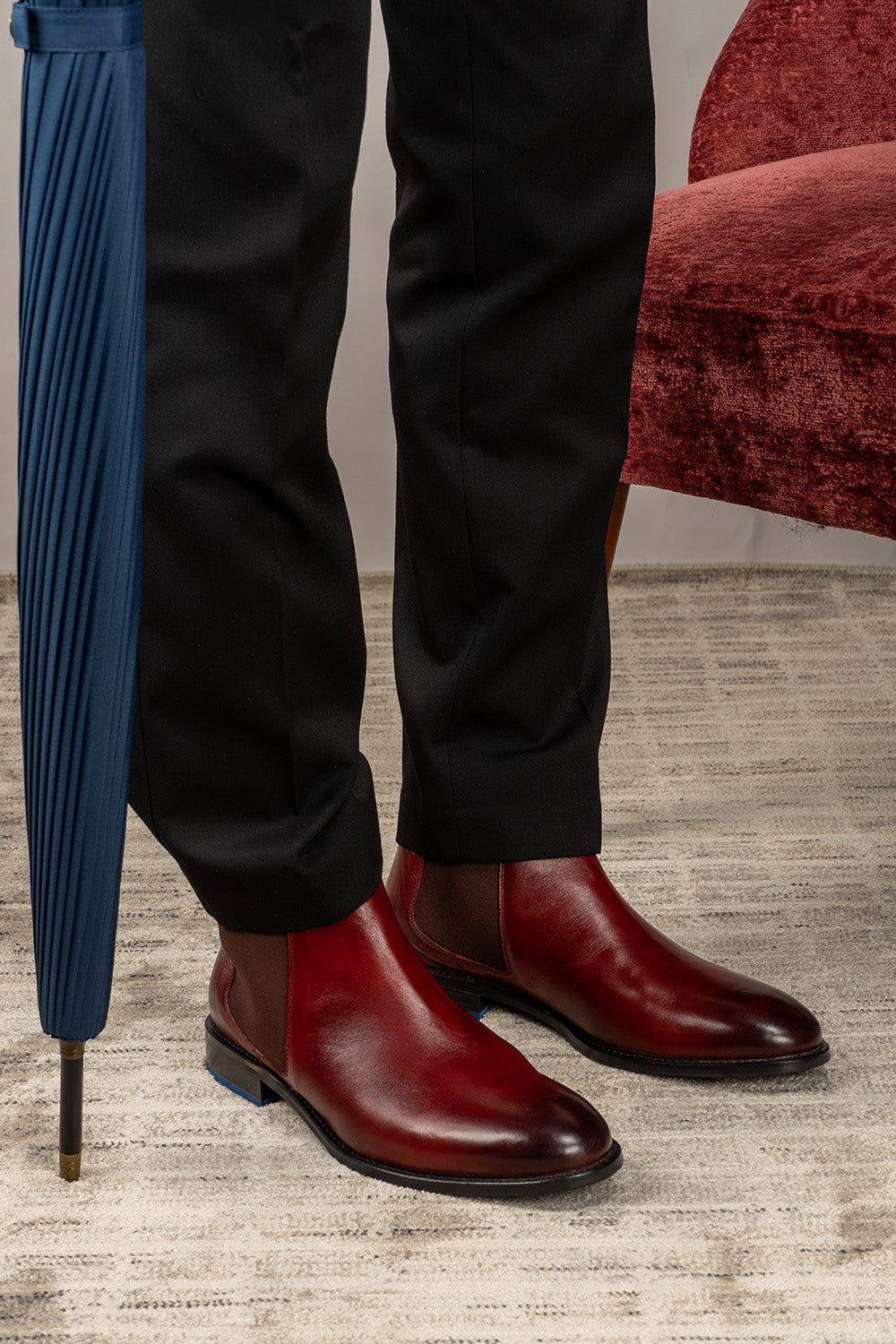 Dennis cherry genuine leather Chelsea boots for men by Oswin Hyde – luxury slip-on boots with elastic side panels and cushioned comfort.