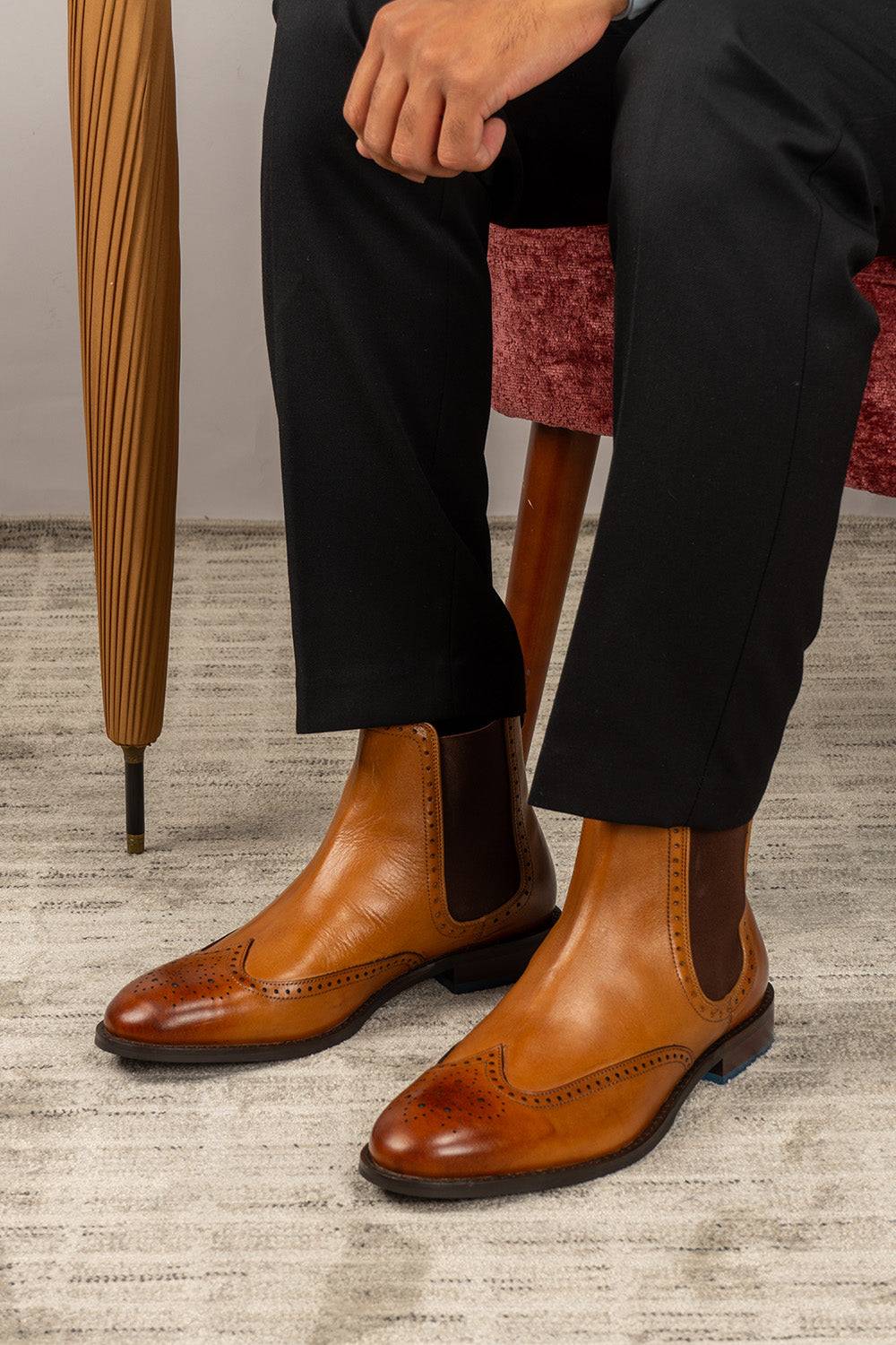 Harry Tan Chelsea brogue boots for men made from premium leather with lambskin lining and handmade sole, combining classic style and modern comfort.